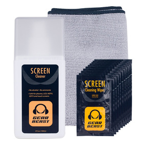 Screen Cleaning Kit includes 150mL Cleaning Solution, 10 Screen Wipes, 12x12 Microfiber Cloth